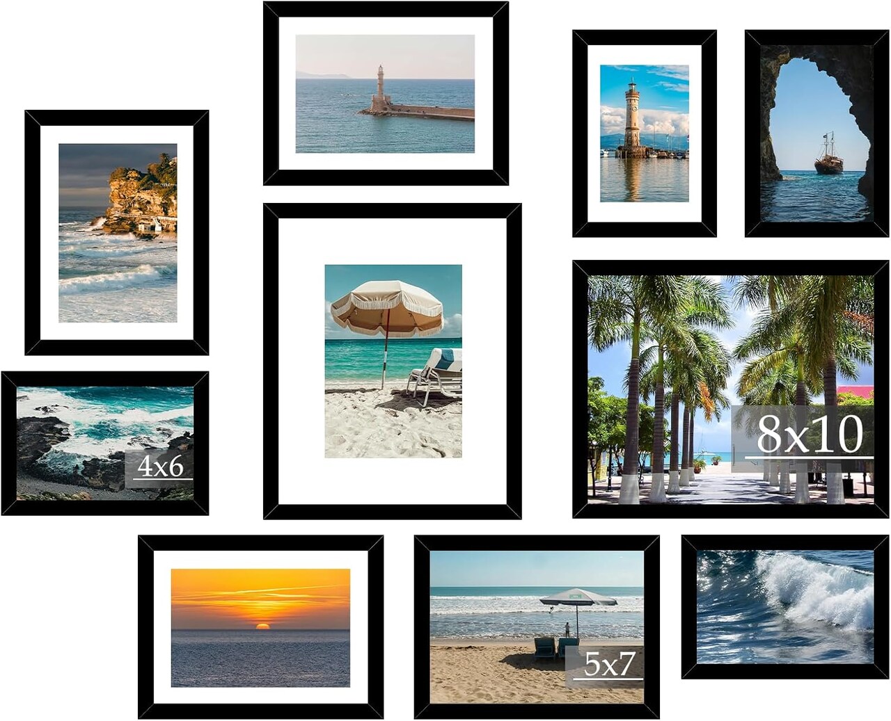 10pc Black Collage Picture Frames, Multi-Size Wall & Table Set